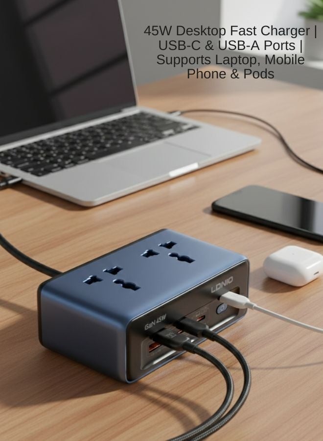 LDNIO 45W PD Universal Desktop Power Strip with USB-C & USB, Safe Fast Charging Solution for Home, Office, Desktop & Kitchen Use, Reduces Cable Clutter, Built-in Protection Against Over-Voltage, Over-Current & Short Circuit, Available in UK / EU / US Plug Options - Image 2